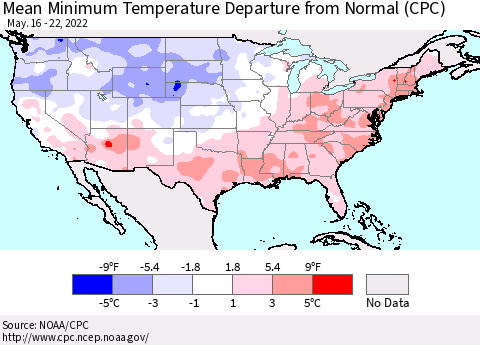 United States Mean Minimum Temperature Departure from Normal (CPC) Thematic Map For 5/16/2022 - 5/22/2022