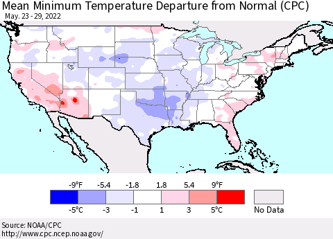 United States Mean Minimum Temperature Departure from Normal (CPC) Thematic Map For 5/23/2022 - 5/29/2022