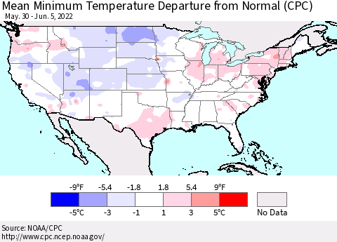 United States Minimum Temperature Departure From Normal (CPC) Thematic Map For 5/30/2022 - 6/5/2022