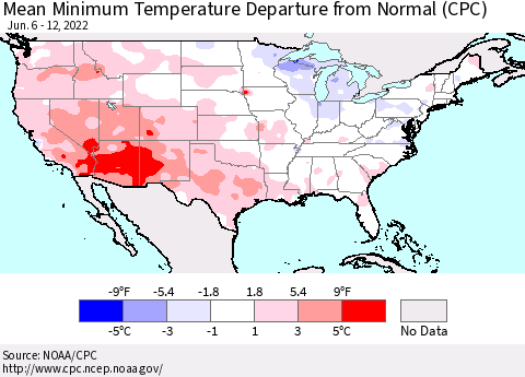 United States Mean Minimum Temperature Departure from Normal (CPC) Thematic Map For 6/6/2022 - 6/12/2022