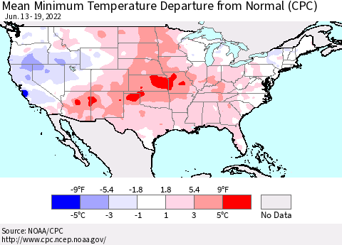 United States Minimum Temperature Departure From Normal (CPC) Thematic Map For 6/13/2022 - 6/19/2022