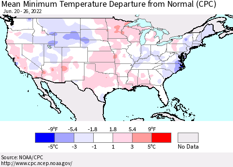 United States Mean Minimum Temperature Departure from Normal (CPC) Thematic Map For 6/20/2022 - 6/26/2022
