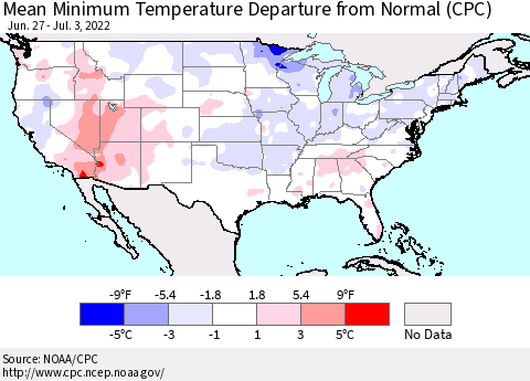 United States Minimum Temperature Departure From Normal (CPC) Thematic Map For 6/27/2022 - 7/3/2022