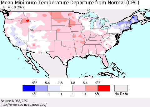 United States Mean Minimum Temperature Departure from Normal (CPC) Thematic Map For 7/4/2022 - 7/10/2022