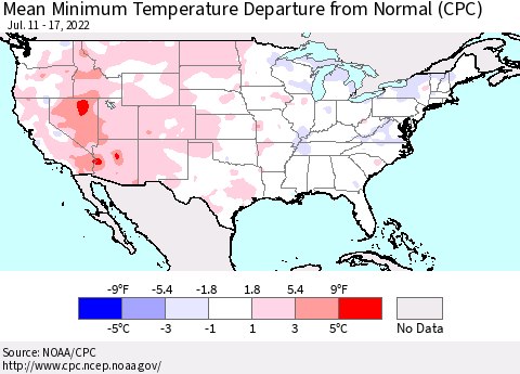 United States Mean Minimum Temperature Departure from Normal (CPC) Thematic Map For 7/11/2022 - 7/17/2022