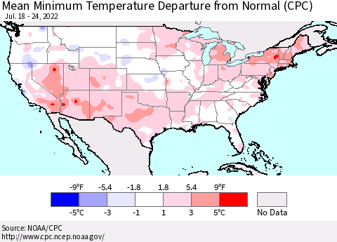 United States Mean Minimum Temperature Departure from Normal (CPC) Thematic Map For 7/18/2022 - 7/24/2022