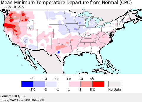 United States Mean Minimum Temperature Departure from Normal (CPC) Thematic Map For 7/25/2022 - 7/31/2022