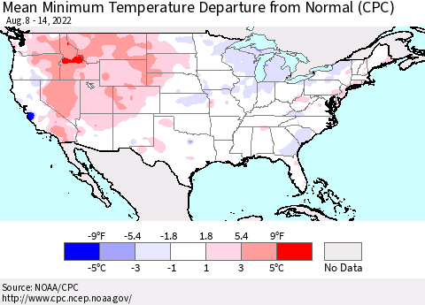 United States Mean Minimum Temperature Departure from Normal (CPC) Thematic Map For 8/8/2022 - 8/14/2022