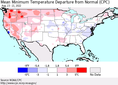 United States Minimum Temperature Departure From Normal (CPC) Thematic Map For 8/15/2022 - 8/21/2022
