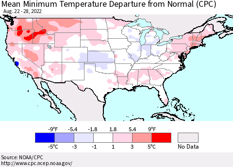 United States Mean Minimum Temperature Departure from Normal (CPC) Thematic Map For 8/22/2022 - 8/28/2022