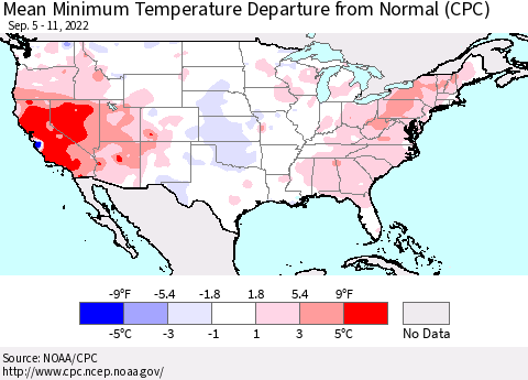 United States Minimum Temperature Departure From Normal (CPC) Thematic Map For 9/5/2022 - 9/11/2022