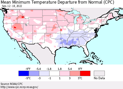 United States Mean Minimum Temperature Departure from Normal (CPC) Thematic Map For 9/12/2022 - 9/18/2022