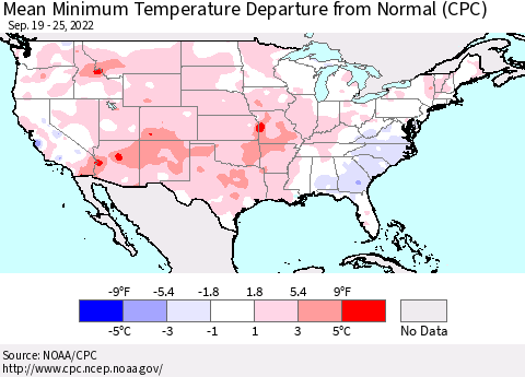 United States Mean Minimum Temperature Departure from Normal (CPC) Thematic Map For 9/19/2022 - 9/25/2022