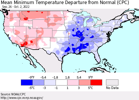 United States Mean Minimum Temperature Departure from Normal (CPC) Thematic Map For 9/26/2022 - 10/2/2022