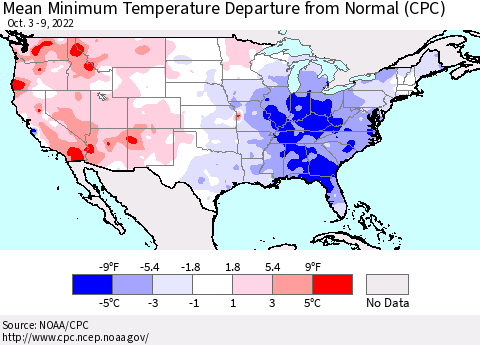 United States Mean Minimum Temperature Departure from Normal (CPC) Thematic Map For 10/3/2022 - 10/9/2022