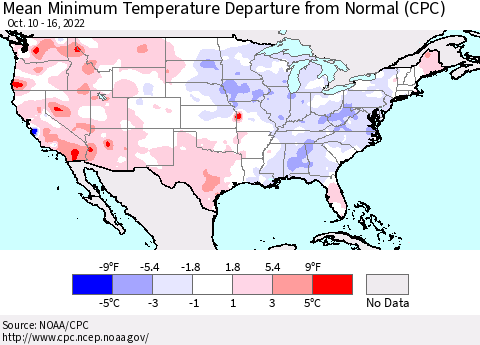 United States Mean Minimum Temperature Departure from Normal (CPC) Thematic Map For 10/10/2022 - 10/16/2022