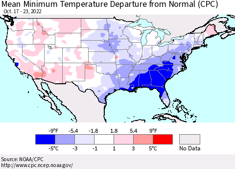 United States Mean Minimum Temperature Departure from Normal (CPC) Thematic Map For 10/17/2022 - 10/23/2022