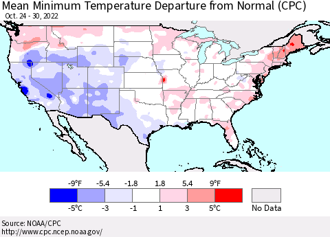 United States Mean Minimum Temperature Departure from Normal (CPC) Thematic Map For 10/24/2022 - 10/30/2022
