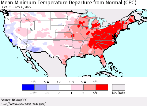 United States Mean Minimum Temperature Departure from Normal (CPC) Thematic Map For 10/31/2022 - 11/6/2022