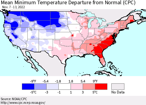 United States Mean Minimum Temperature Departure from Normal (CPC) Thematic Map For 11/7/2022 - 11/13/2022