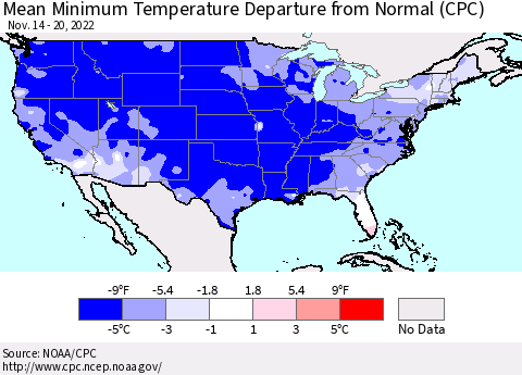 United States Mean Minimum Temperature Departure from Normal (CPC) Thematic Map For 11/14/2022 - 11/20/2022