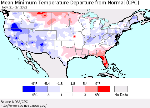 United States Mean Minimum Temperature Departure from Normal (CPC) Thematic Map For 11/21/2022 - 11/27/2022