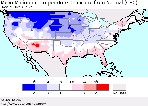 United States Mean Minimum Temperature Departure from Normal (CPC) Thematic Map For 11/28/2022 - 12/4/2022