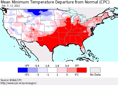 United States Mean Minimum Temperature Departure from Normal (CPC) Thematic Map For 12/5/2022 - 12/11/2022