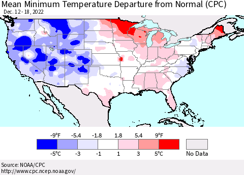 United States Mean Minimum Temperature Departure from Normal (CPC) Thematic Map For 12/12/2022 - 12/18/2022