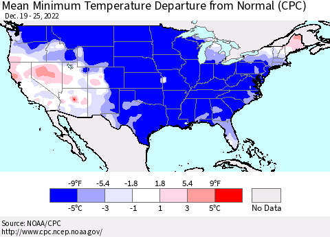 United States Mean Minimum Temperature Departure from Normal (CPC) Thematic Map For 12/19/2022 - 12/25/2022