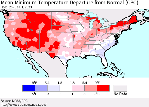 United States Mean Minimum Temperature Departure from Normal (CPC) Thematic Map For 12/26/2022 - 1/1/2023