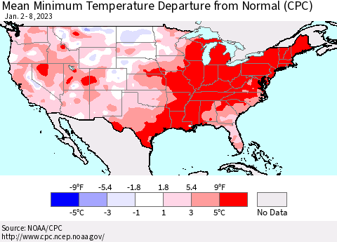 United States Mean Minimum Temperature Departure from Normal (CPC) Thematic Map For 1/2/2023 - 1/8/2023