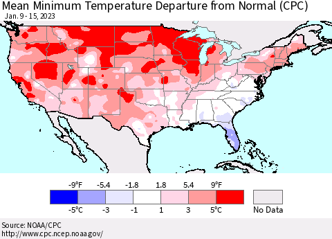 United States Mean Minimum Temperature Departure from Normal (CPC) Thematic Map For 1/9/2023 - 1/15/2023