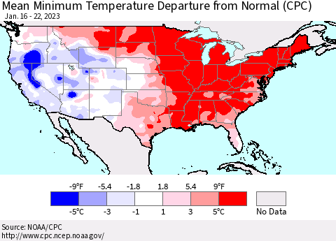 United States Mean Minimum Temperature Departure from Normal (CPC) Thematic Map For 1/16/2023 - 1/22/2023
