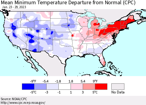 United States Mean Minimum Temperature Departure from Normal (CPC) Thematic Map For 1/23/2023 - 1/29/2023