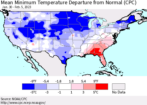 United States Mean Minimum Temperature Departure from Normal (CPC) Thematic Map For 1/30/2023 - 2/5/2023