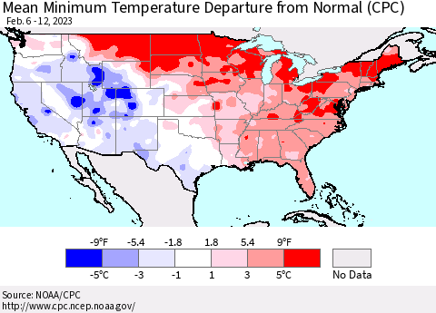 United States Mean Minimum Temperature Departure from Normal (CPC) Thematic Map For 2/6/2023 - 2/12/2023