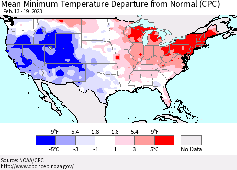 United States Mean Minimum Temperature Departure from Normal (CPC) Thematic Map For 2/13/2023 - 2/19/2023