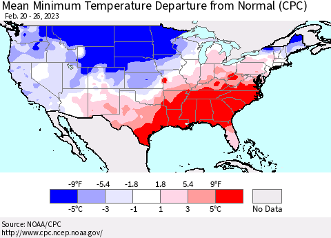 United States Mean Minimum Temperature Departure from Normal (CPC) Thematic Map For 2/20/2023 - 2/26/2023
