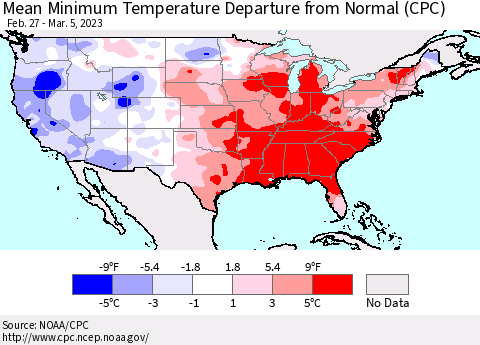 United States Mean Minimum Temperature Departure from Normal (CPC) Thematic Map For 2/27/2023 - 3/5/2023