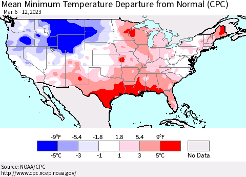 United States Mean Minimum Temperature Departure from Normal (CPC) Thematic Map For 3/6/2023 - 3/12/2023