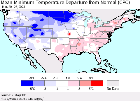 United States Mean Minimum Temperature Departure from Normal (CPC) Thematic Map For 3/20/2023 - 3/26/2023