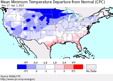 United States Mean Minimum Temperature Departure from Normal (CPC) Thematic Map For 3/27/2023 - 4/2/2023