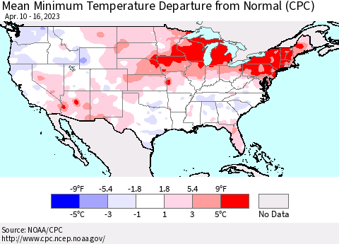 United States Mean Minimum Temperature Departure from Normal (CPC) Thematic Map For 4/10/2023 - 4/16/2023