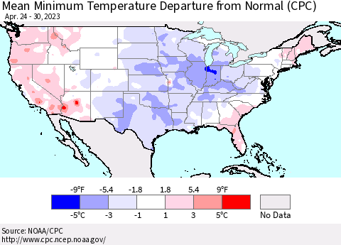 United States Mean Minimum Temperature Departure from Normal (CPC) Thematic Map For 4/24/2023 - 4/30/2023