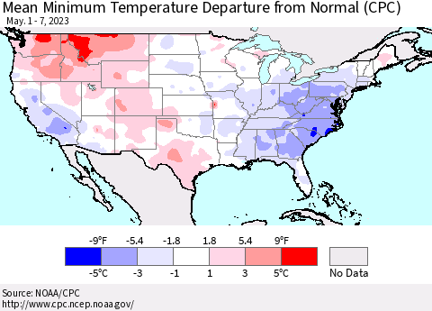 United States Mean Minimum Temperature Departure from Normal (CPC) Thematic Map For 5/1/2023 - 5/7/2023