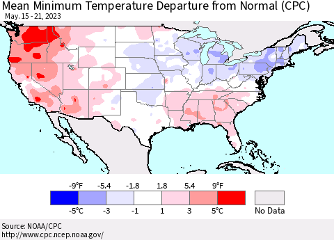 United States Mean Minimum Temperature Departure from Normal (CPC) Thematic Map For 5/15/2023 - 5/21/2023