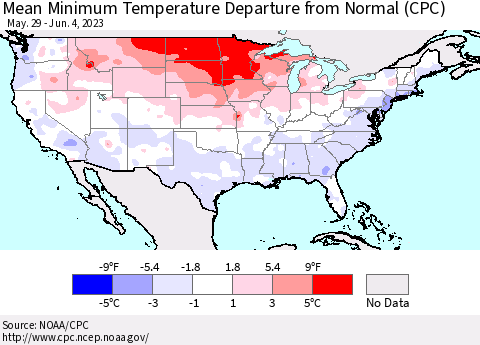 United States Mean Minimum Temperature Departure from Normal (CPC) Thematic Map For 5/29/2023 - 6/4/2023