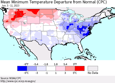 United States Mean Minimum Temperature Departure from Normal (CPC) Thematic Map For 6/5/2023 - 6/11/2023
