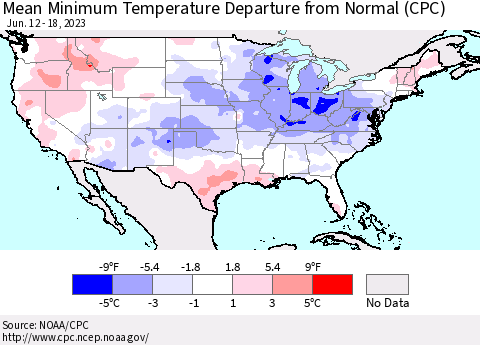 United States Mean Minimum Temperature Departure from Normal (CPC) Thematic Map For 6/12/2023 - 6/18/2023